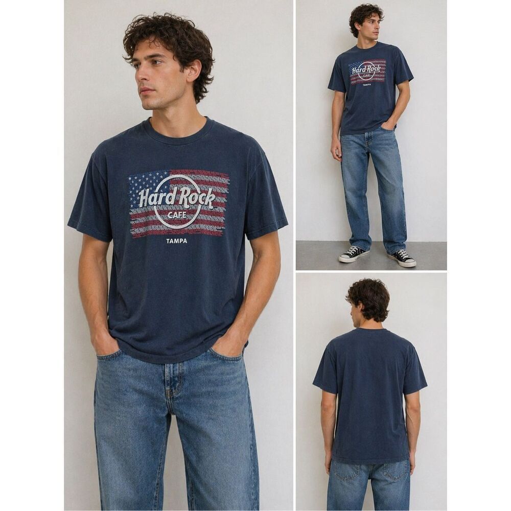 Hard Rock Cafe Tampa T-Shirt Men’s XL Blue Graphic Tee USA Flag Rock Band Style